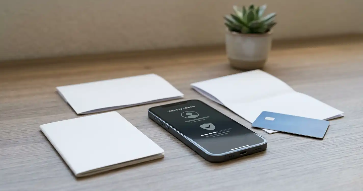 Identity documents, payment card shapes and a phone arranged for a neutral account-check scene