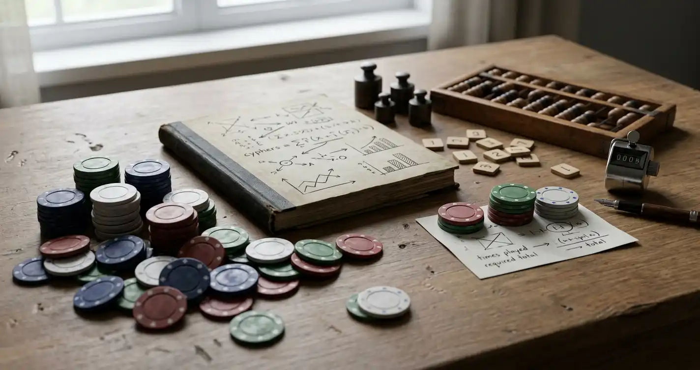 Casino chips and ledger tokens arranged as a neutral wagering calculation scene