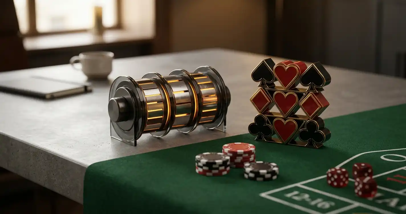 Abstract slot reels and live-table elements arranged on a neutral editorial desk