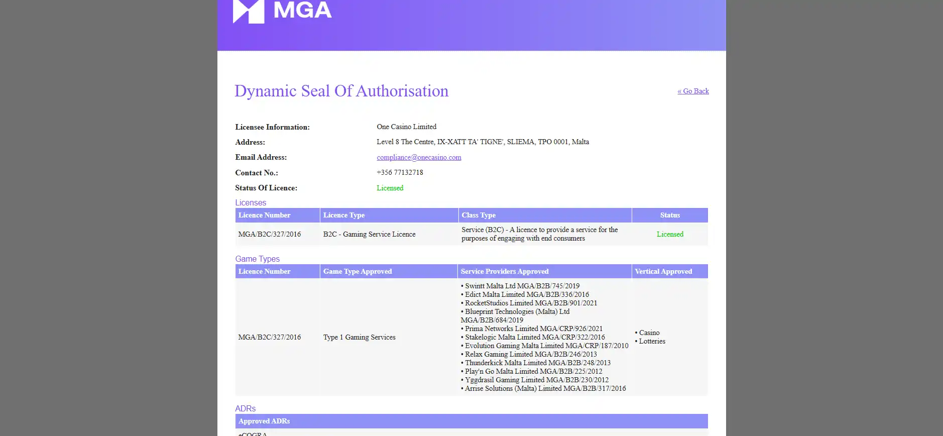 Malta Gaming Authority register entry for One Casino Limited and onecasino.com