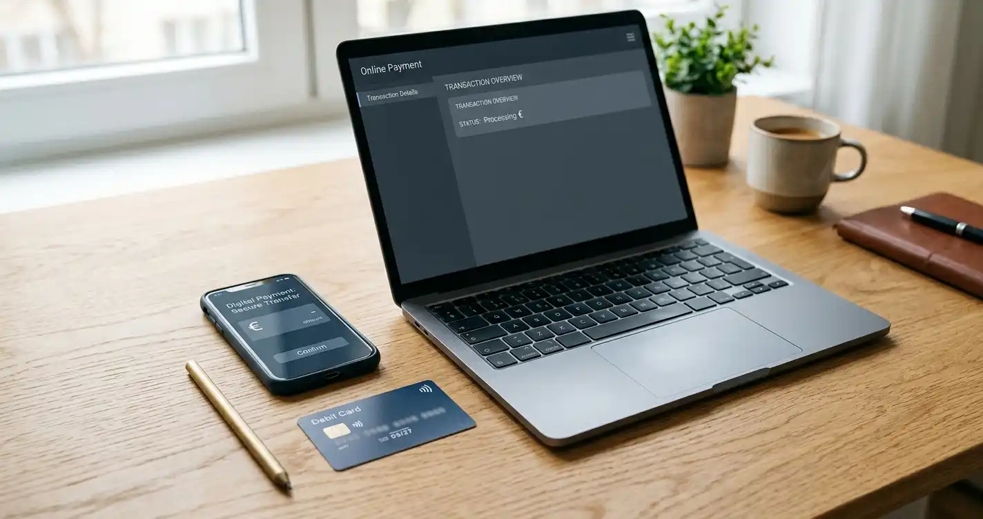 Laptop, bank card and phone arranged beside a neutral euro payment interface