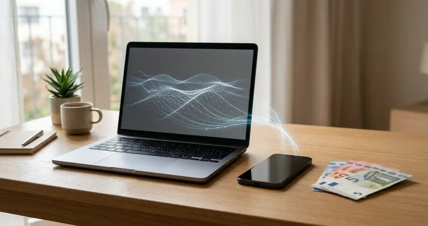 Laptop and phone linked by simple payment-routing lines on a desk